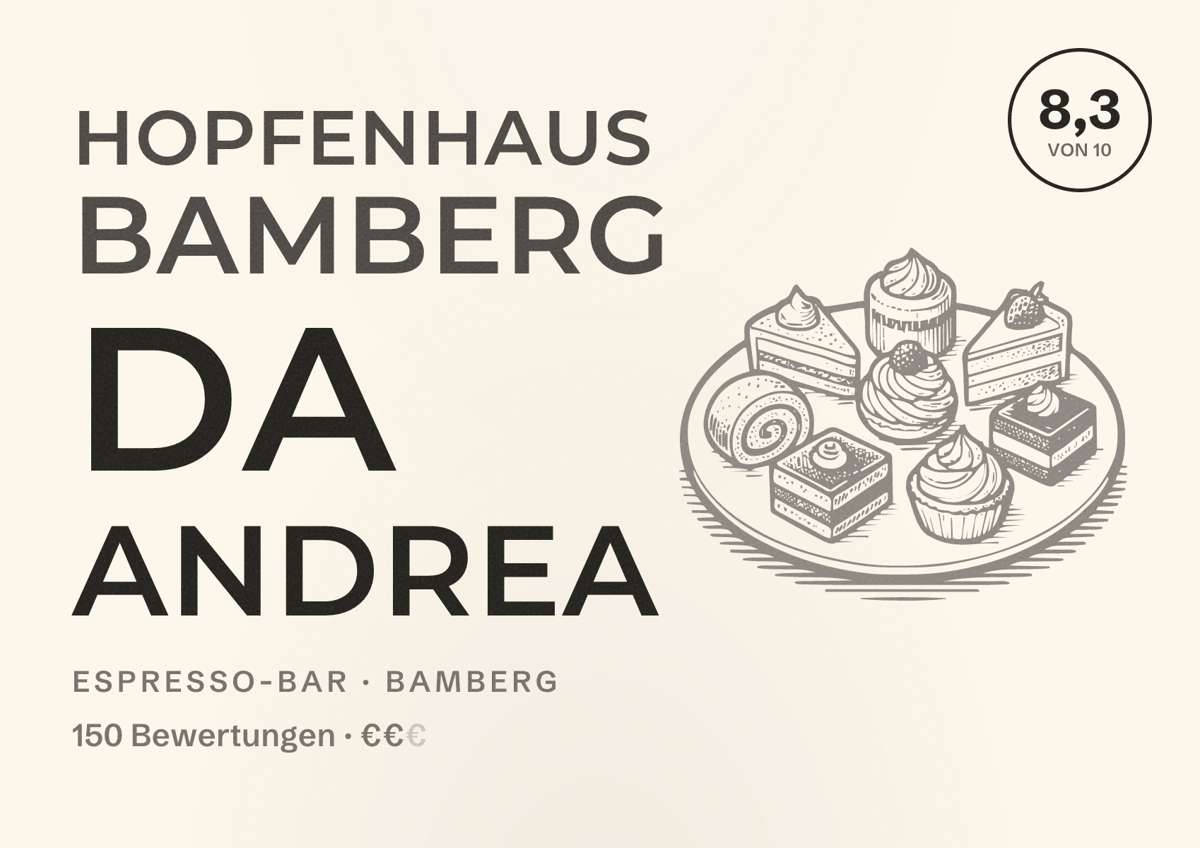 Illustriertes Poster von Hopfenhaus Bamberg da Andrea, Espresso-Bar in Bamberg: Bewertung 8,3 von 10 aus 150 Bewertungen, Preisniveau €€
