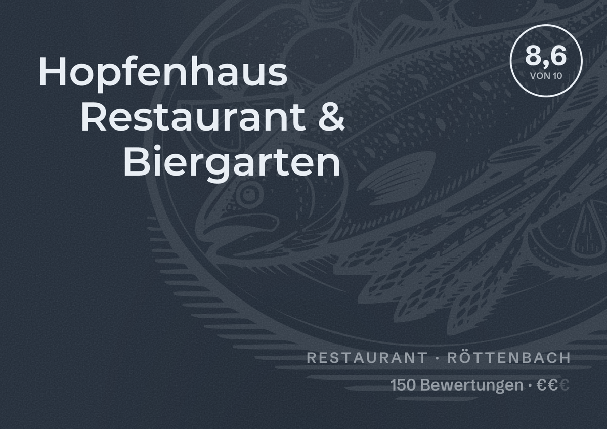Illustriertes Poster von Hopfenhaus Restaurant & Biergarten, Restaurant in Röttenbach: Bewertung 8,6 von 10 aus 150 Bewertungen, Preisniveau €€