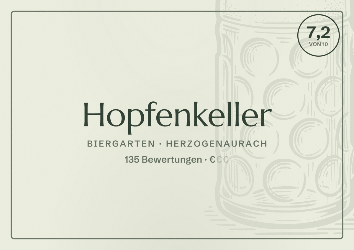 Illustriertes Poster von Hopfenkeller, Biergarten in Herzogenaurach: Bewertung 7,2 von 10 aus 135 Bewertungen, Preisniveau €