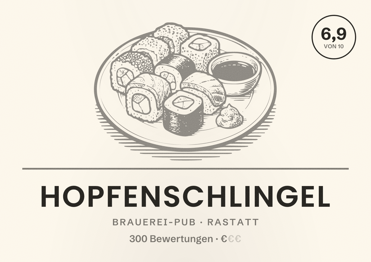 Illustriertes Poster von Hopfenschlingel, Brauerei-Pub in Rastatt: Bewertung 6,9 von 10 aus 300 Bewertungen, Preisniveau €