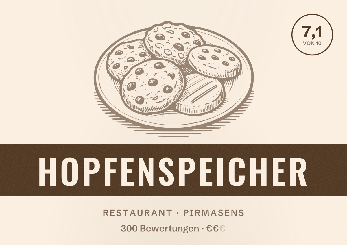 Illustriertes Poster von Hopfenspeicher, Restaurant in Pirmasens: Bewertung 7,1 von 10 aus 300 Bewertungen, Preisniveau €€