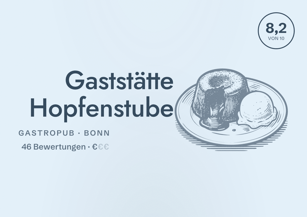 Illustriertes Poster von Gaststätte Hopfenstube, Gastropub in Bonn: Bewertung 8,2 von 10 aus 46 Bewertungen, Preisniveau €
