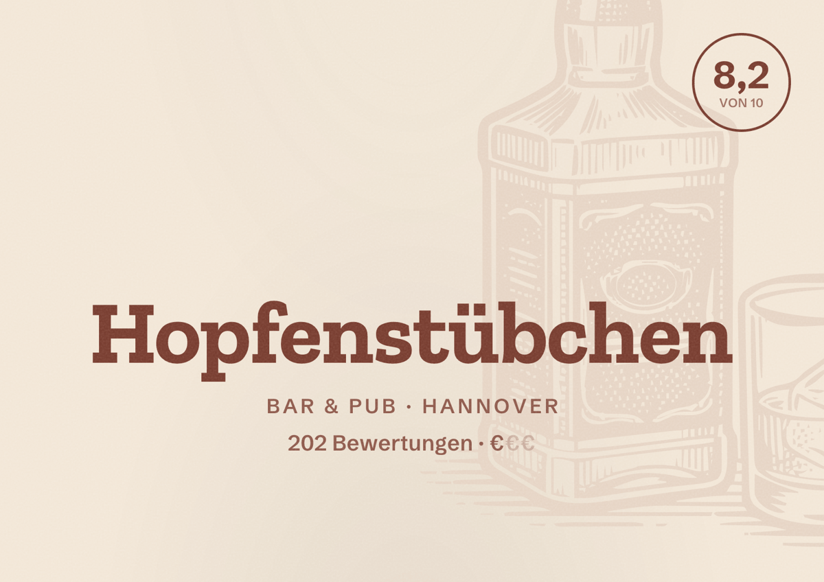 Illustriertes Poster von Hopfenstübchen, Bar & Pub in Hannover: Bewertung 8,2 von 10 aus 202 Bewertungen, Preisniveau €