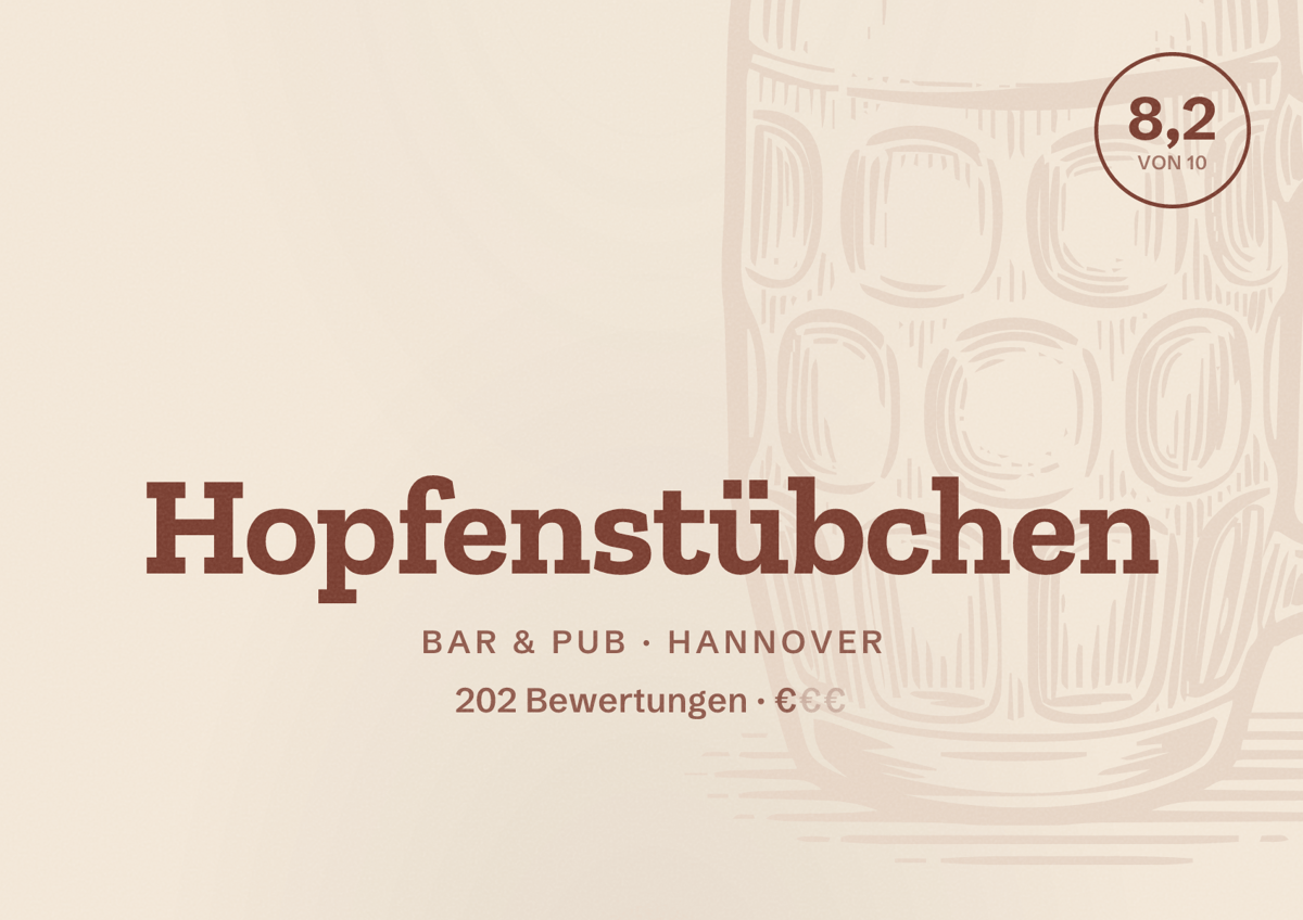 Illustriertes Poster von Hopfenstübchen, Bar & Pub in Hannover: Bewertung 8,2 von 10 aus 202 Bewertungen, Preisniveau €
