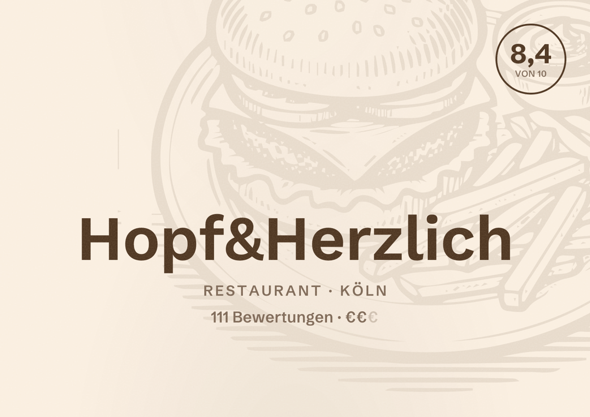 Illustriertes Poster von Hopf&Herzlich, Restaurant in Köln: Bewertung 8,4 von 10 aus 111 Bewertungen, Preisniveau €€