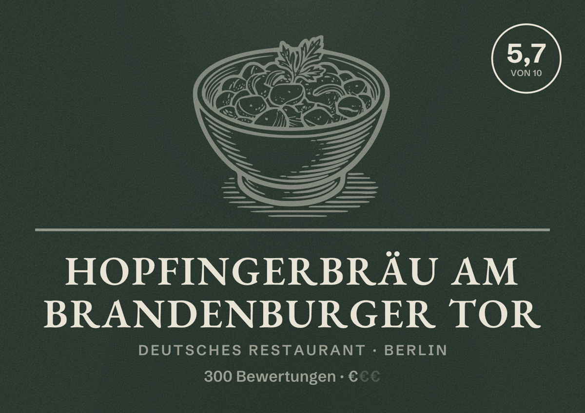 Illustriertes Poster von Hopfingerbräu am Brandenburger Tor, Deutsches Restaurant in Berlin: Bewertung 5,7 von 10 aus 300 Bewertungen, Preisniveau €