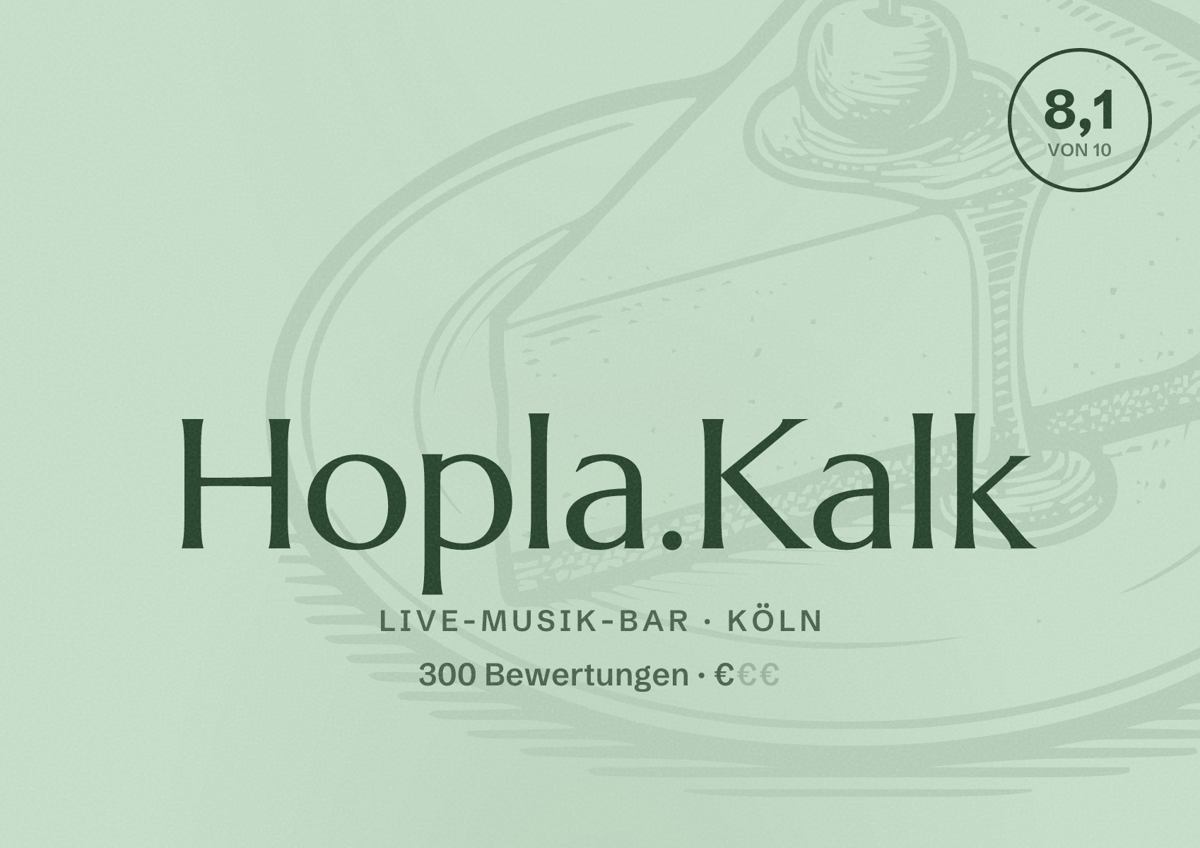 Illustriertes Poster von Hopla.Kalk, Live-Musik-Bar in Köln: Bewertung 8,1 von 10 aus 300 Bewertungen, Preisniveau €