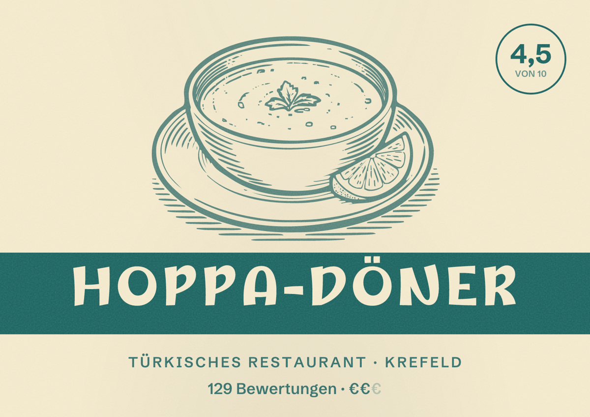 Illustriertes Poster von Hoppa-Döner, Türkisches Restaurant in Krefeld: Bewertung 4,5 von 10 aus 129 Bewertungen, Preisniveau €€