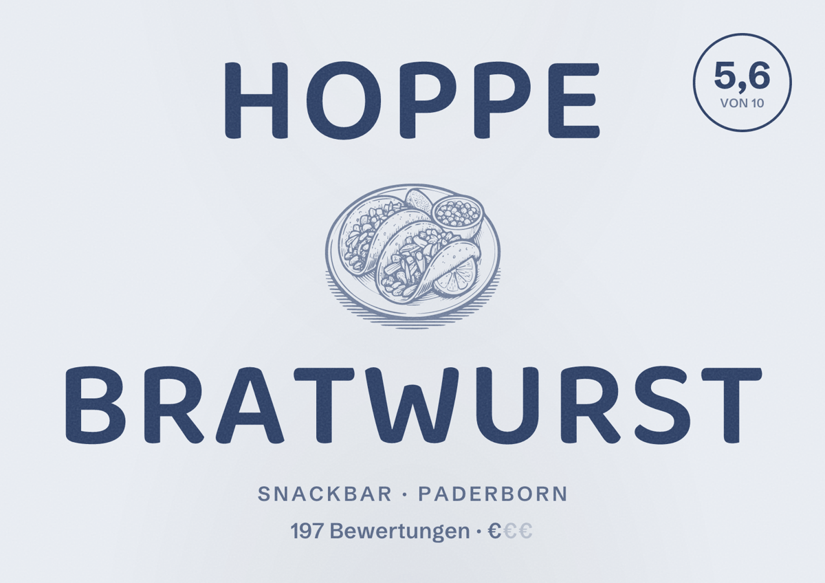 Illustriertes Poster von Hoppe Bratwurst, Snackbar in Paderborn: Bewertung 5,6 von 10 aus 197 Bewertungen, Preisniveau €
