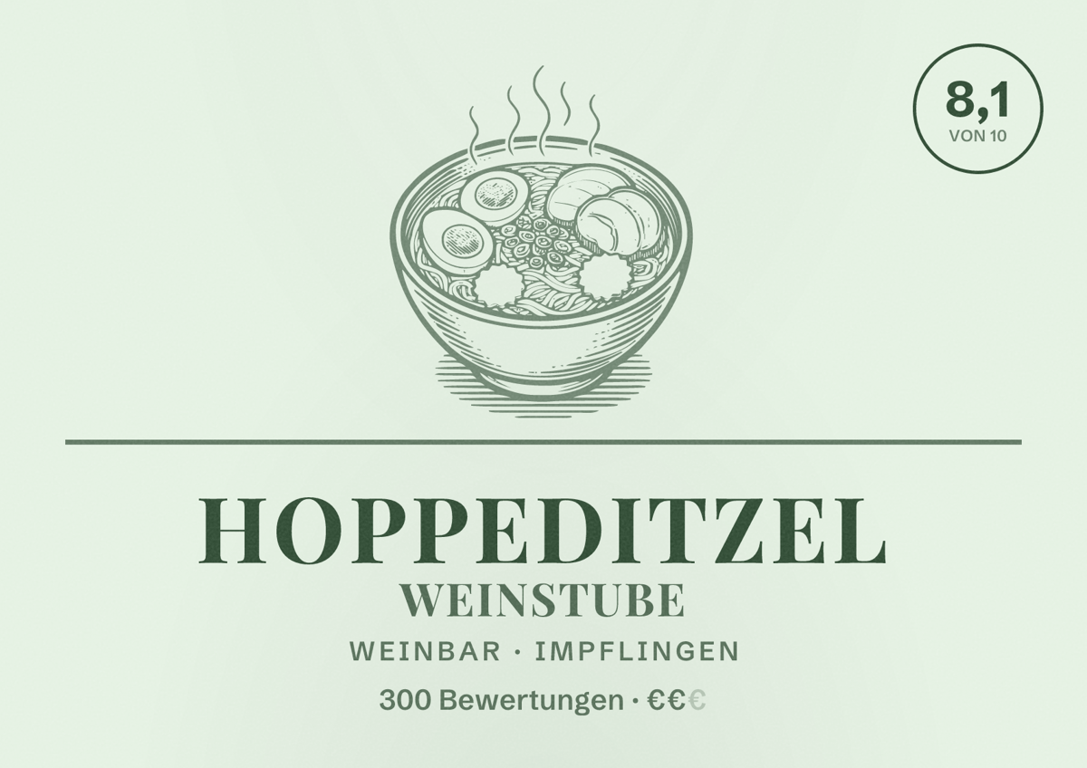 Illustriertes Poster von Hoppeditzel Weinstube, Weinbar in Impflingen: Bewertung 8,1 von 10 aus 300 Bewertungen, Preisniveau €€