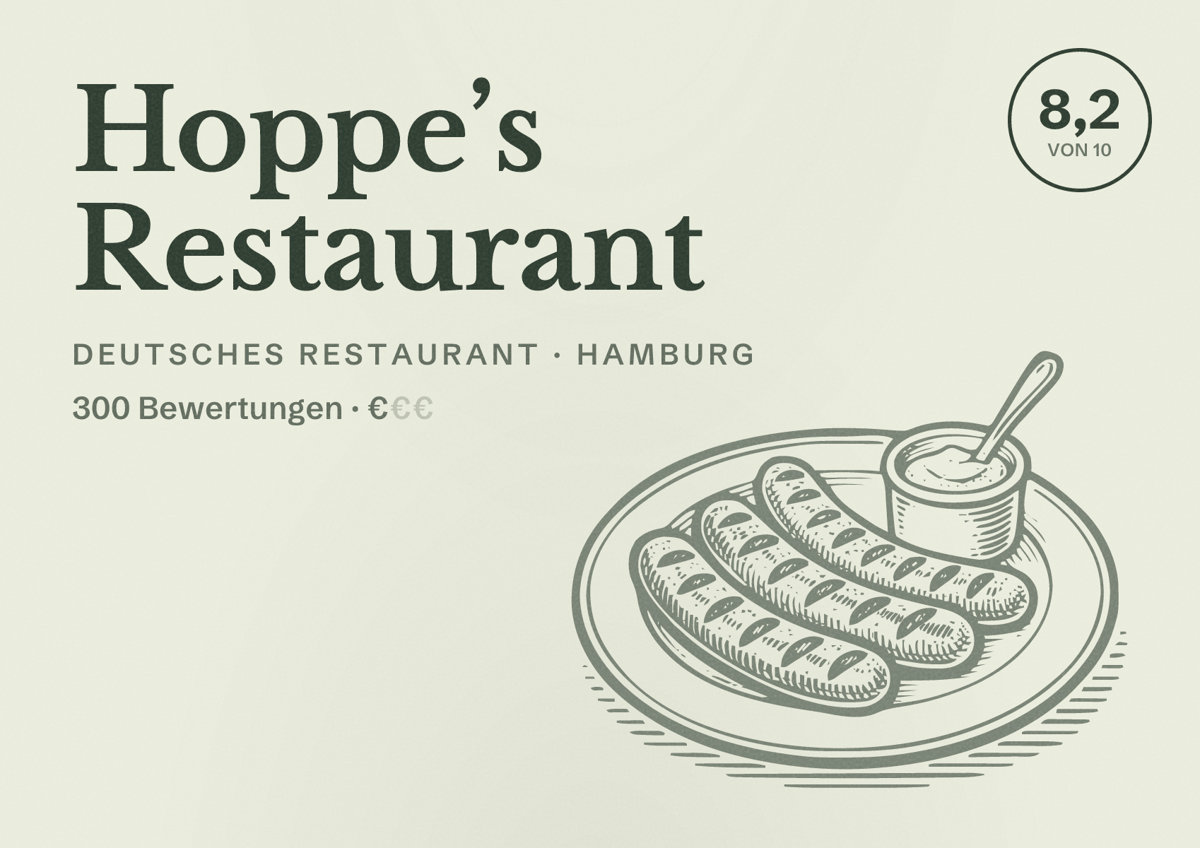 Illustriertes Poster von Hoppe’s Restaurant, Deutsches Restaurant in Hamburg: Bewertung 8,2 von 10 aus 300 Bewertungen, Preisniveau €