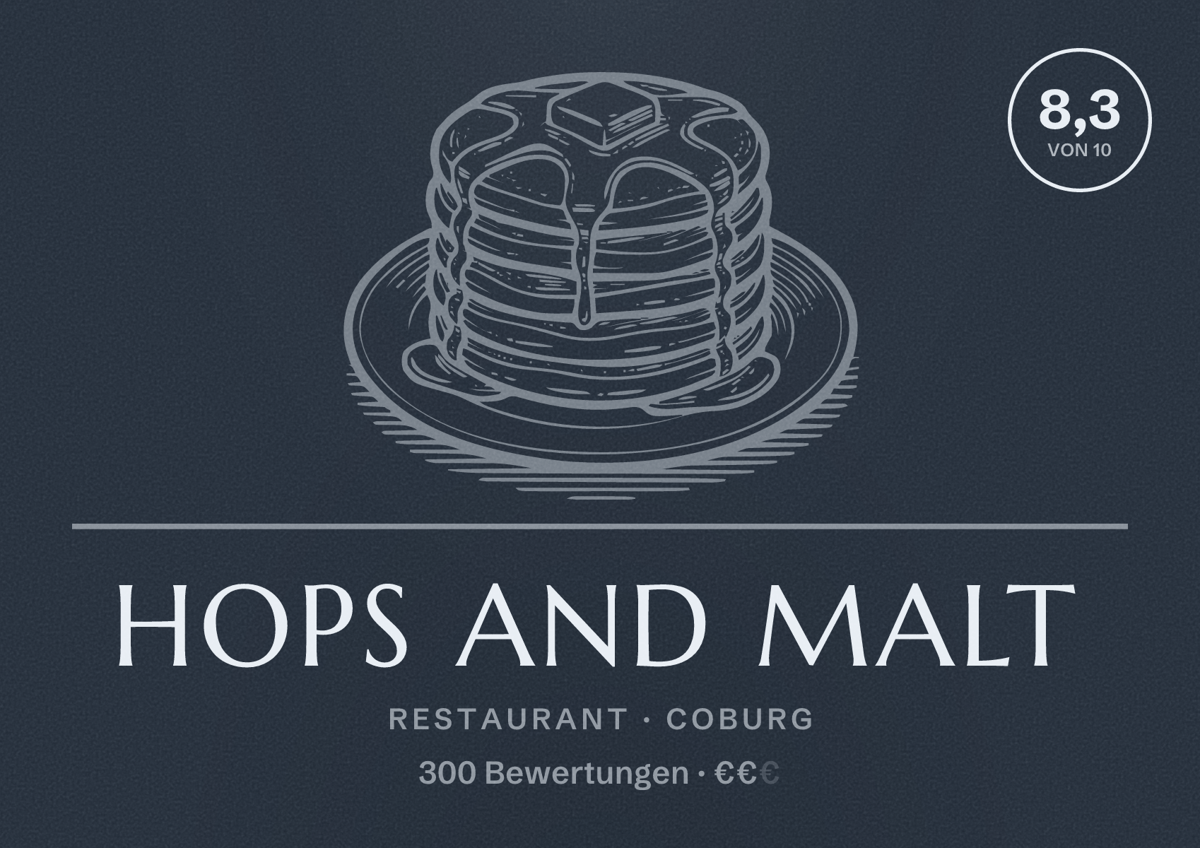 Illustriertes Poster von Hops and Malt, Restaurant in Coburg: Bewertung 8,3 von 10 aus 300 Bewertungen, Preisniveau €€