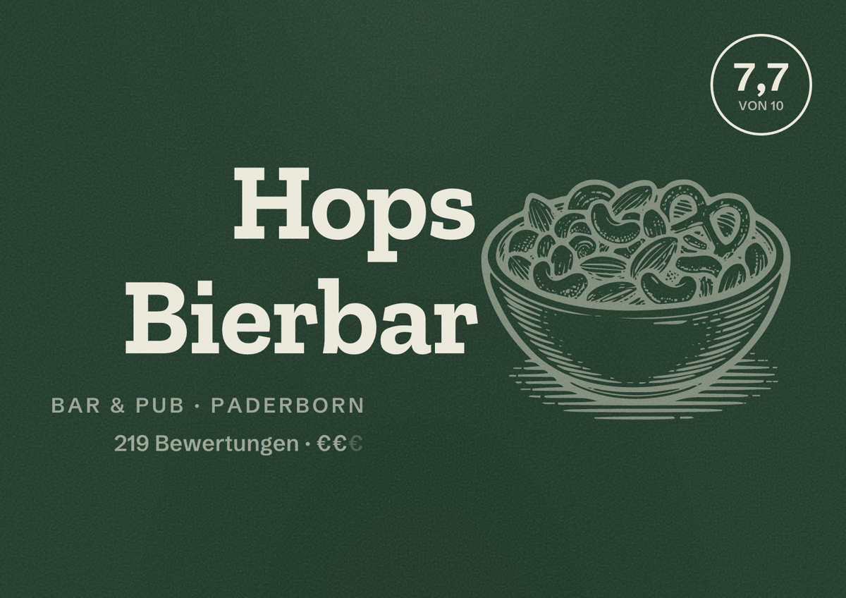 Illustriertes Poster von Hops Bierbar, Bar & Pub in Paderborn: Bewertung 7,7 von 10 aus 219 Bewertungen, Preisniveau €€