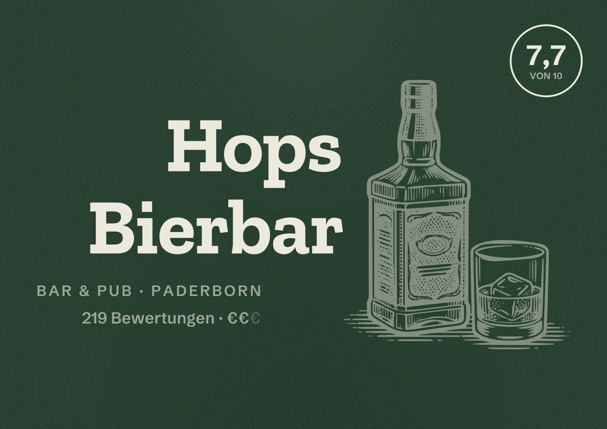 Illustriertes Poster von Hops Bierbar, Bar & Pub in Paderborn: Bewertung 7,7 von 10 aus 219 Bewertungen, Preisniveau €€