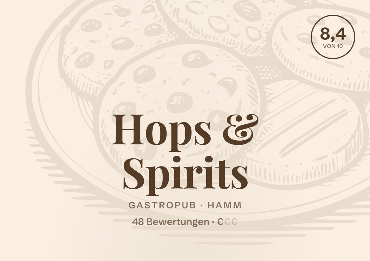 Illustriertes Poster von Hops & Spirits, Gastropub in Hamm: Bewertung 8,4 von 10 aus 48 Bewertungen, Preisniveau €
