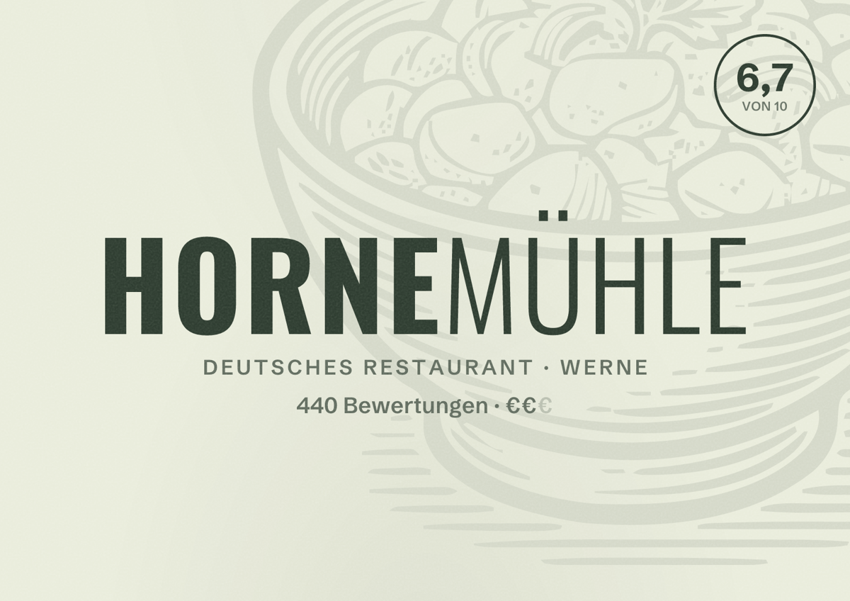 Illustriertes Poster von Hornemühle, Deutsches Restaurant in Werne: Gästebewertung 6,7 von 10 aus 440 Bewertungen