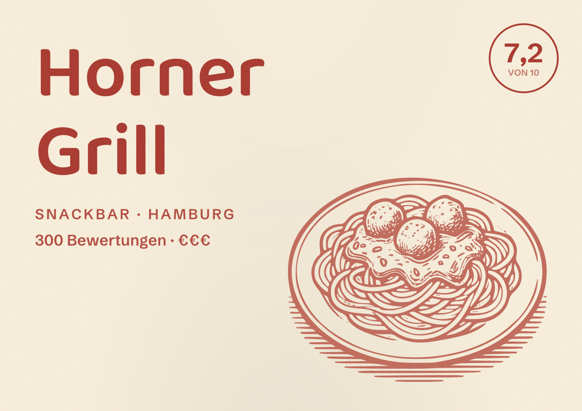 Illustriertes Poster von Horner Grill, Snackbar in Hamburg: Bewertung 7,2 von 10 aus 300 Bewertungen, Preisniveau €€€