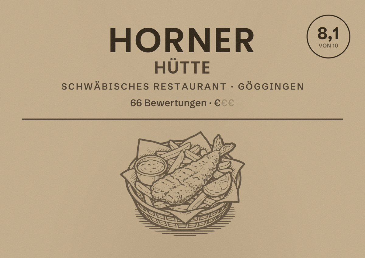 Illustriertes Poster von Horner Hütte, Schwäbisches Restaurant in Göggingen: Bewertung 8,1 von 10 aus 66 Bewertungen, Preisniveau €