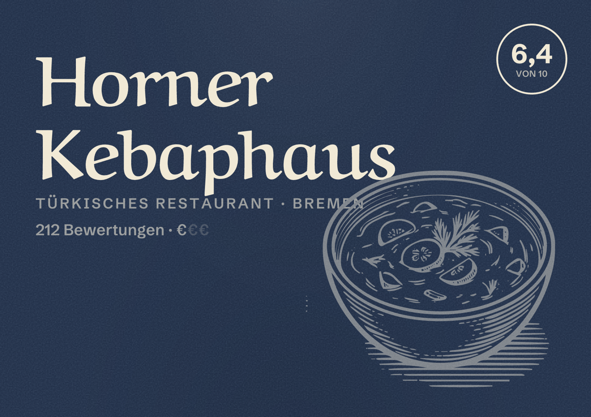 Illustriertes Poster von Horner Kebaphaus, Türkisches Restaurant in Bremen: Bewertung 6,4 von 10 aus 212 Bewertungen, Preisniveau €