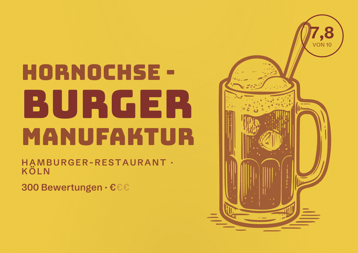 Illustriertes Poster von Hornochse - Burger Manufaktur, Hamburger-Restaurant in Köln: Bewertung 7,8 von 10 aus 300 Bewertungen, Preisniveau €