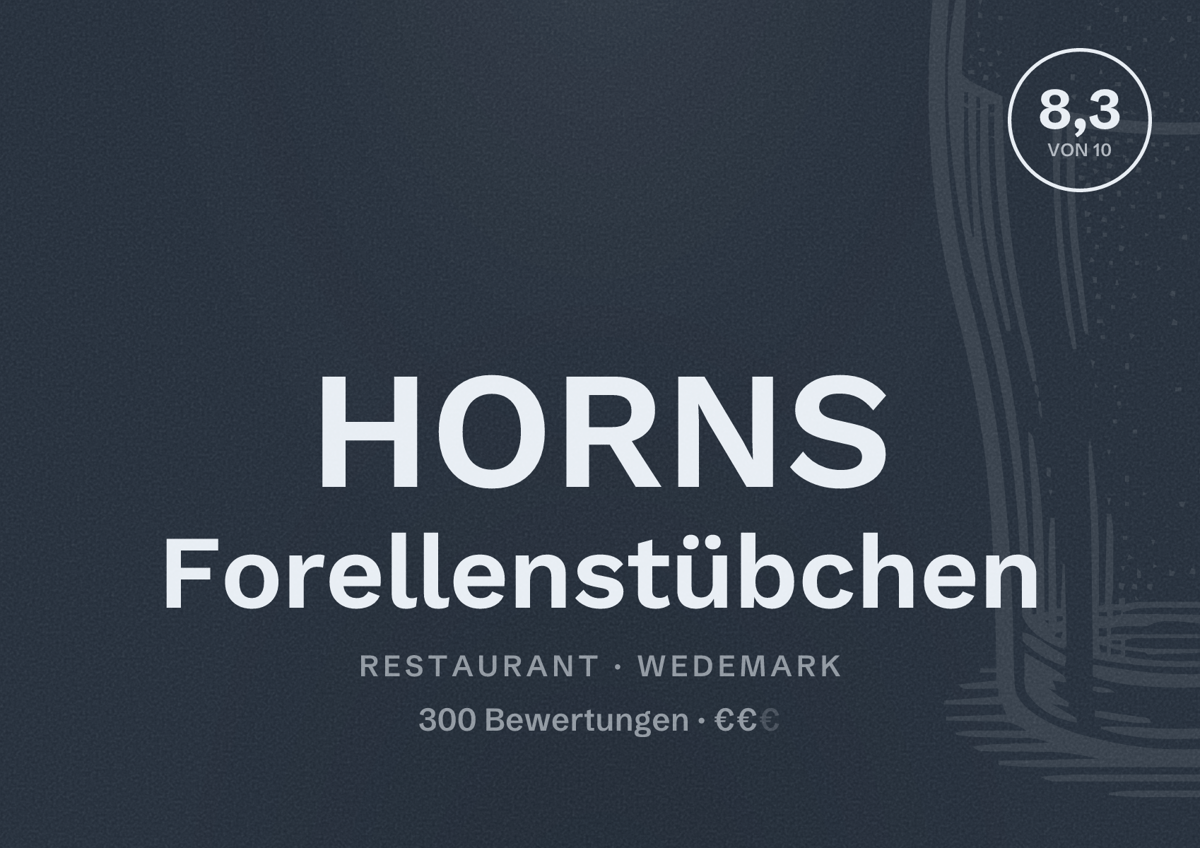 Illustriertes Poster von HORNS Forellenstübchen, Restaurant in Wedemark: Bewertung 8,3 von 10 aus 300 Bewertungen, Preisniveau €€