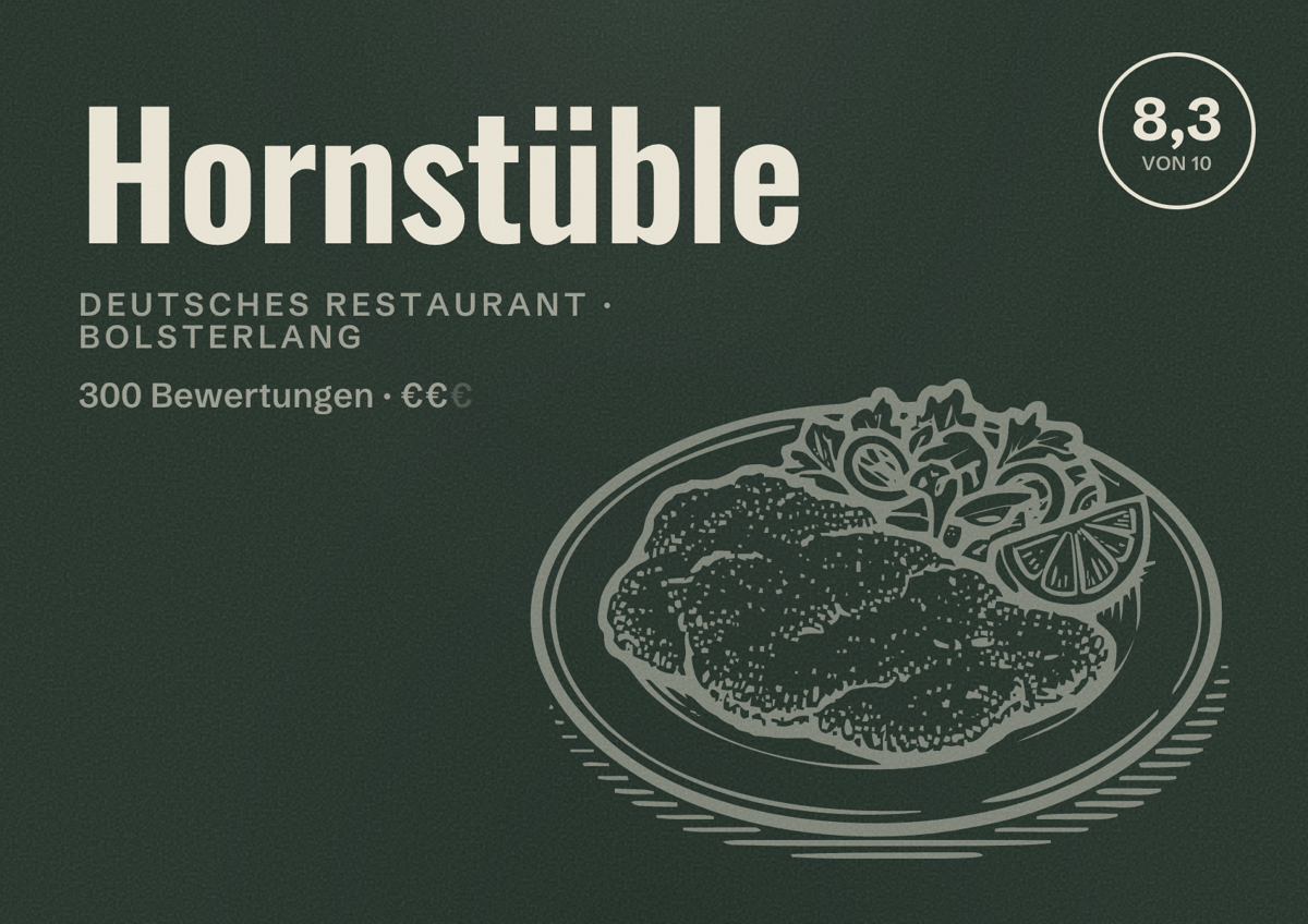 Illustriertes Poster von Hornstüble, Deutsches Restaurant in Bolsterlang: Bewertung 8,3 von 10 aus 300 Bewertungen, Preisniveau €€