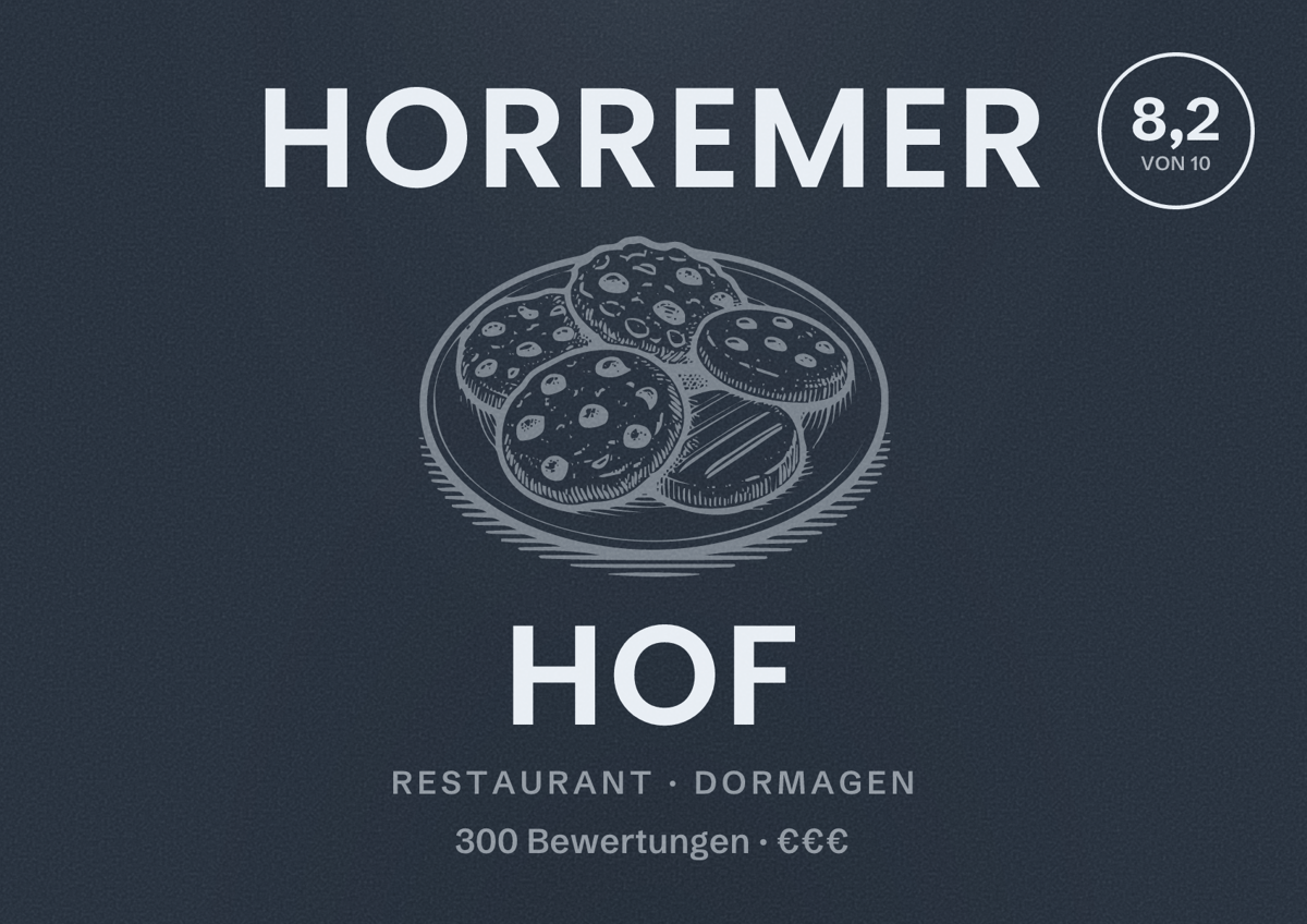 Illustriertes Poster von Horremer Hof, Restaurant in Dormagen: Bewertung 8,2 von 10 aus 300 Bewertungen, Preisniveau €€€