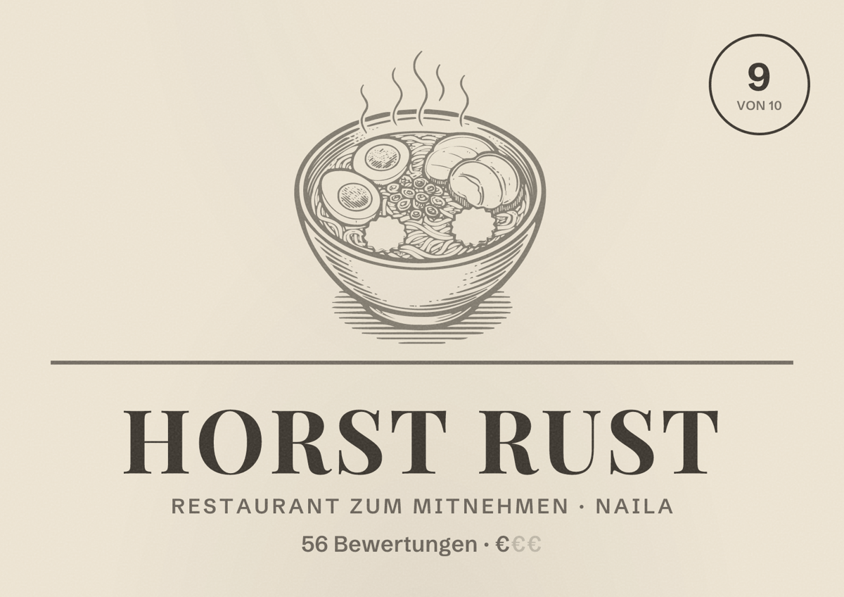 Illustriertes Poster von Horst Rust, Restaurant zum Mitnehmen in Naila: Bewertung 9 von 10 aus 56 Bewertungen, Preisniveau €