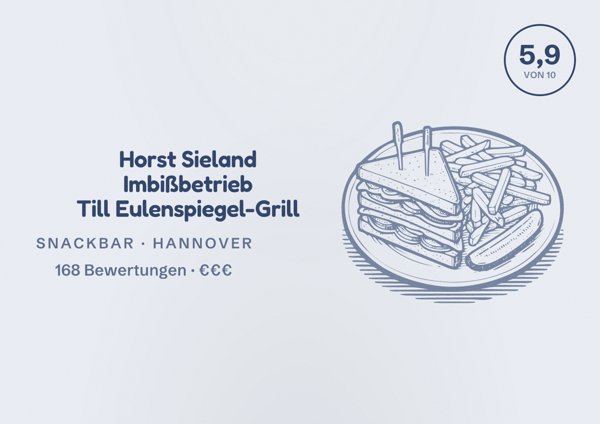 Illustriertes Poster von Horst Sieland Imbißbetrieb Till Eulenspiegel-Grill, Snackbar in Hannover: Bewertung 5,9 von 10 aus 168 Bewertungen, Preisniveau €€€