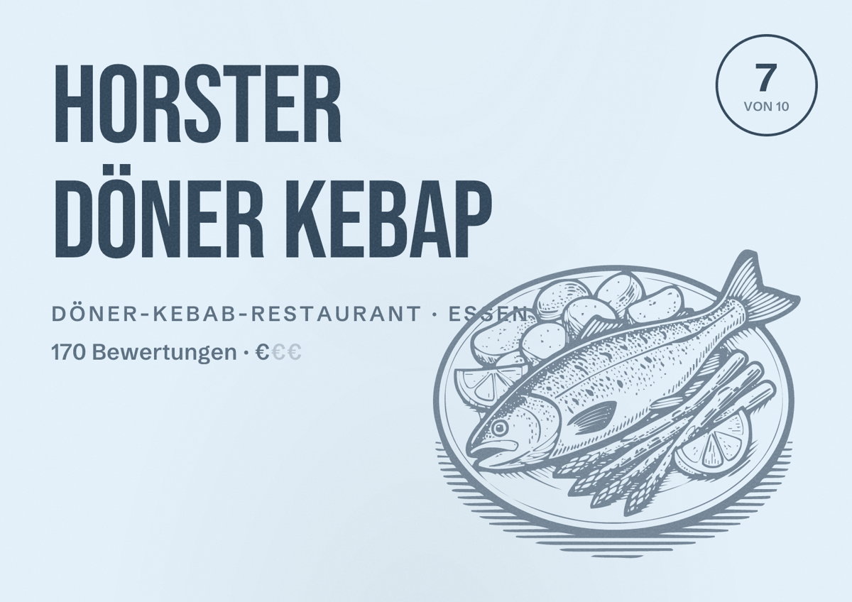 Illustriertes Poster von Horster Döner Kebap, Döner-Kebab-Restaurant in Essen: Bewertung 7 von 10 aus 170 Bewertungen, Preisniveau €