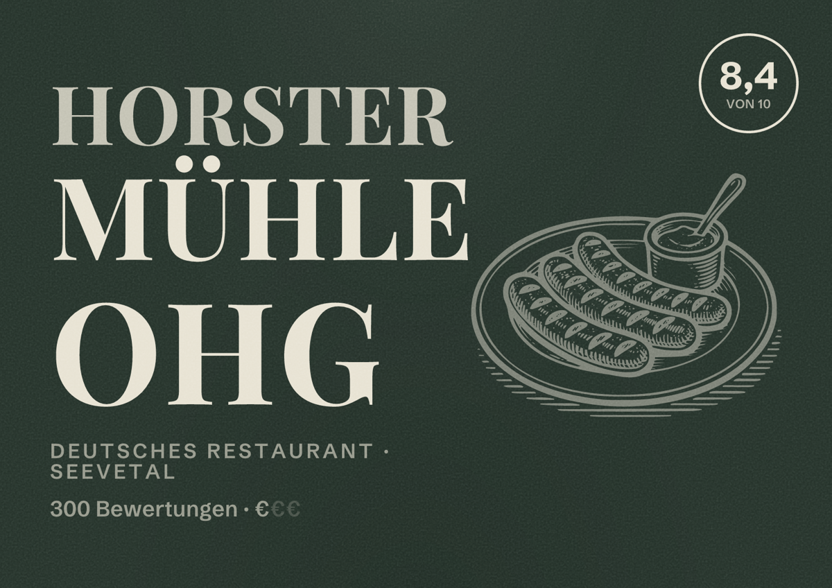 Illustriertes Poster von Horster Mühle oHG, Deutsches Restaurant in Seevetal: Bewertung 8,4 von 10 aus 300 Bewertungen, Preisniveau €