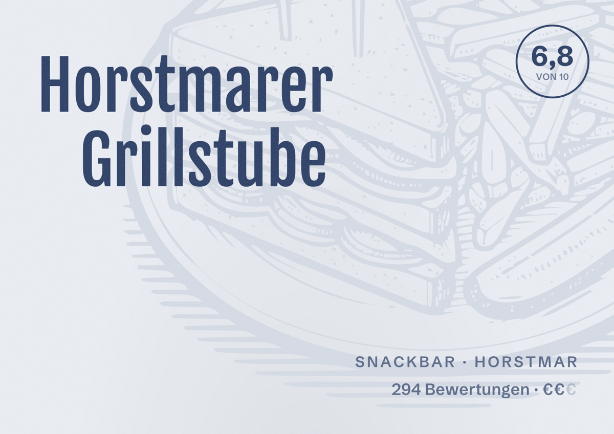 Illustriertes Poster von Horstmarer Grillstube, Snackbar in Horstmar: Bewertung 6,8 von 10 aus 294 Bewertungen, Preisniveau €€