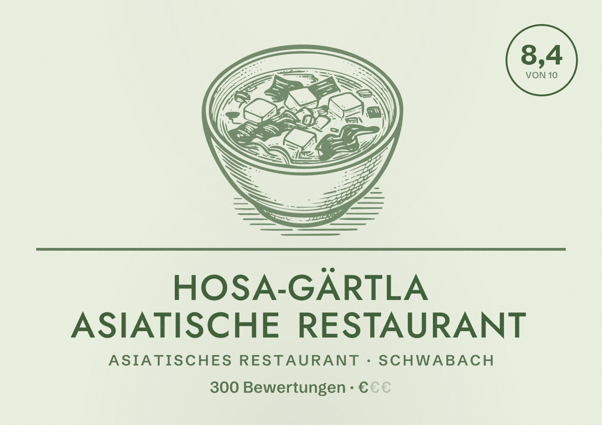 Illustriertes Poster von Hosa-Gärtla Asiatische Restaurant, Asiatisches Restaurant in Schwabach: Bewertung 8,4 von 10 aus 300 Bewertungen, Preisniveau €
