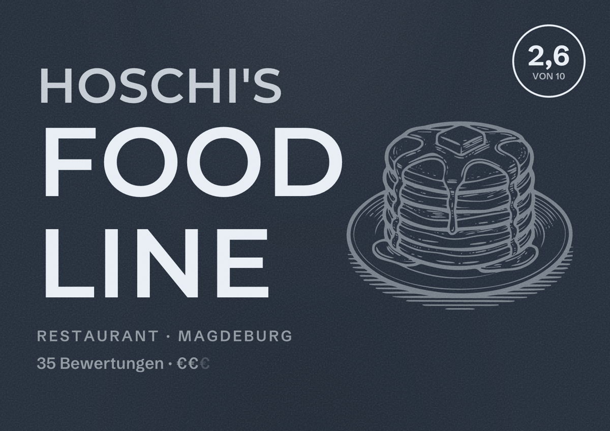 Illustriertes Poster von Hoschi's Food Line, Restaurant in Magdeburg: Bewertung 2,6 von 10 aus 35 Bewertungen, Preisniveau €€