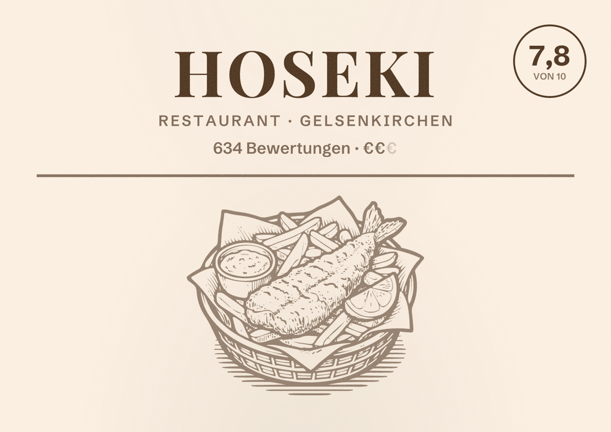 Illustriertes Poster von Hoseki, Restaurant in Gelsenkirchen: Bewertung 7,8 von 10 aus 634 Bewertungen, Preisniveau €€