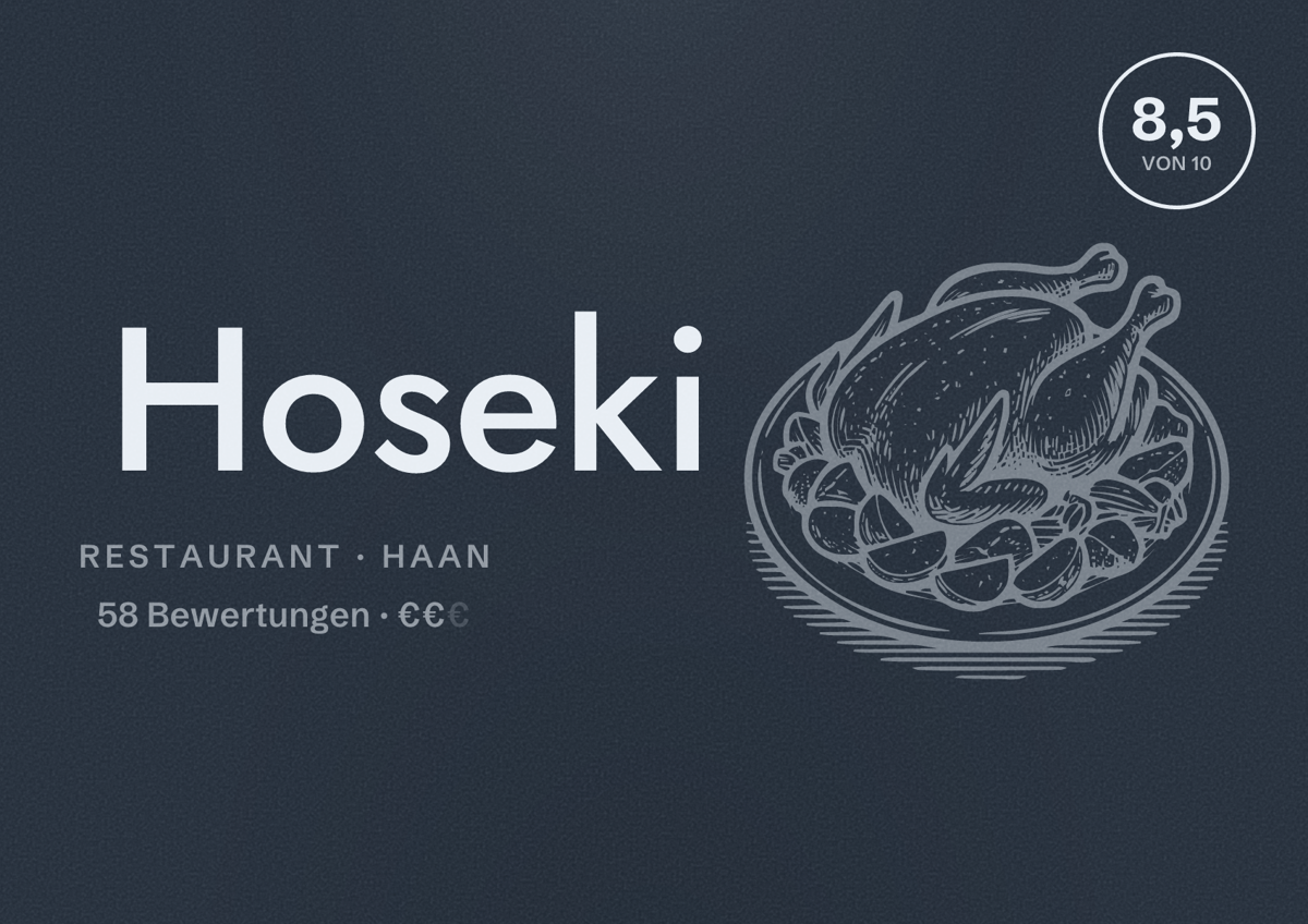 Illustriertes Poster von Hoseki, Restaurant in Haan: Bewertung 8,5 von 10 aus 58 Bewertungen, Preisniveau €€