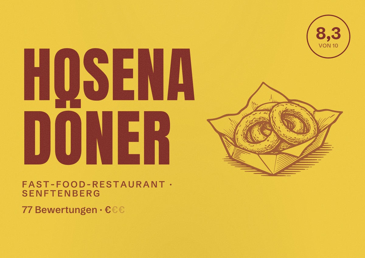 Illustriertes Poster von Hosena Döner, Fast-Food-Restaurant in Senftenberg: Bewertung 8,3 von 10 aus 77 Bewertungen, Preisniveau €