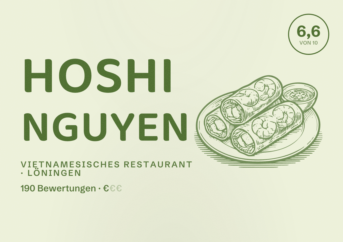 Illustriertes Poster von Hoshi Nguyen, Vietnamesisches Restaurant in Löningen: Bewertung 6,6 von 10 aus 190 Bewertungen, Preisniveau €