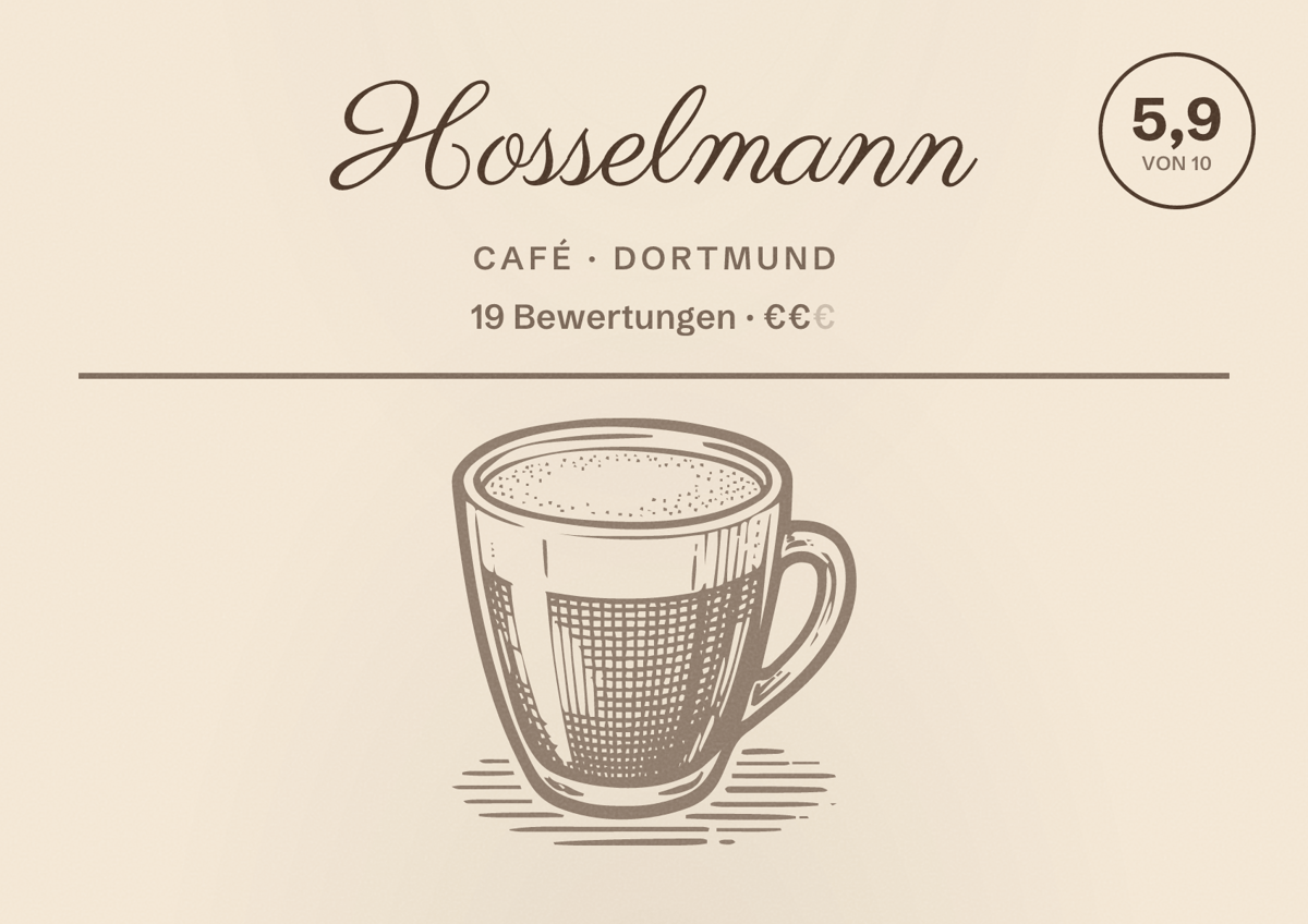 Illustriertes Poster von Hosselmann, Café in Dortmund: Bewertung 5,9 von 10 aus 19 Bewertungen, Preisniveau €€