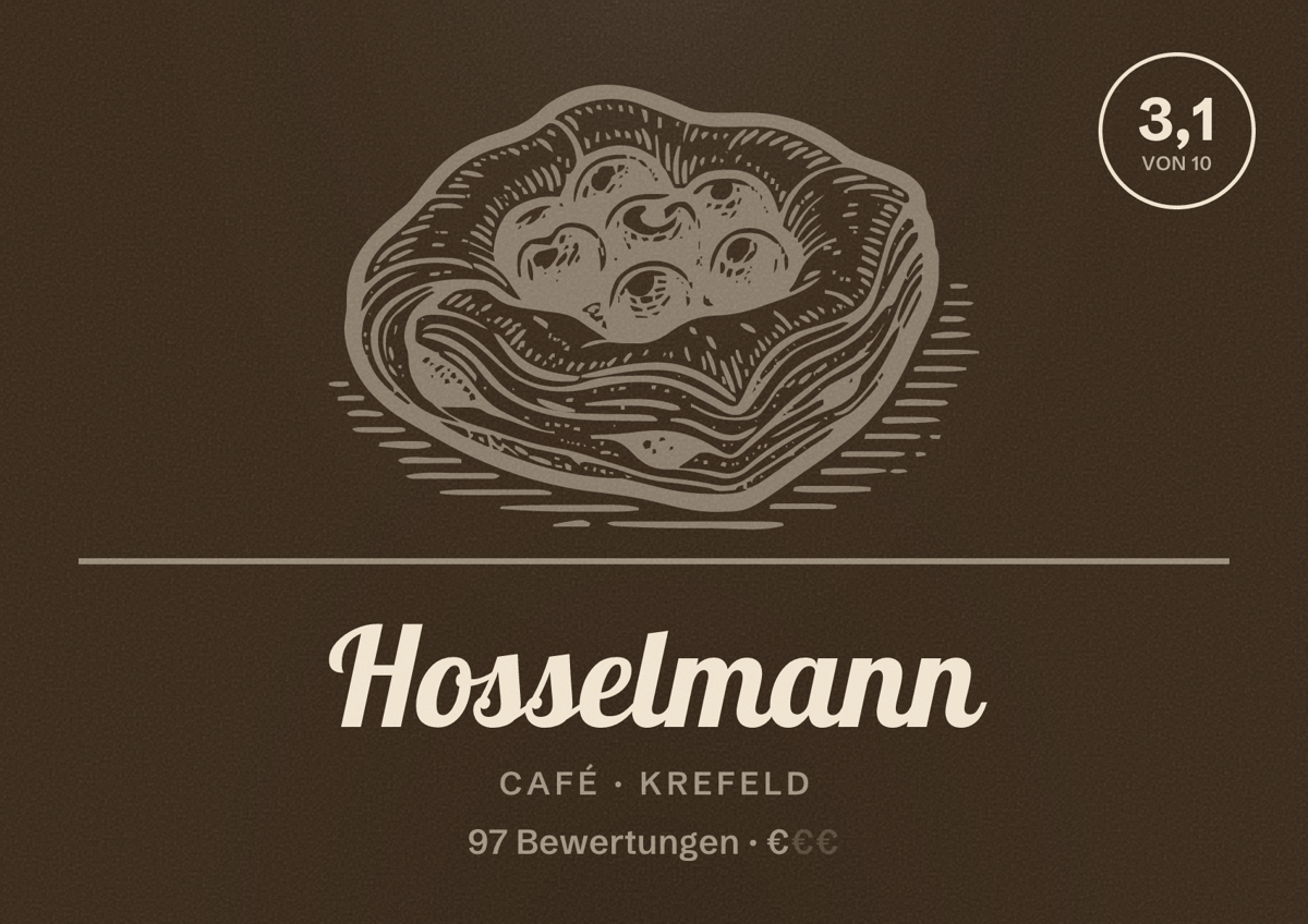 Illustriertes Poster von Hosselmann, Café in Krefeld: Bewertung 3,1 von 10 aus 97 Bewertungen, Preisniveau €