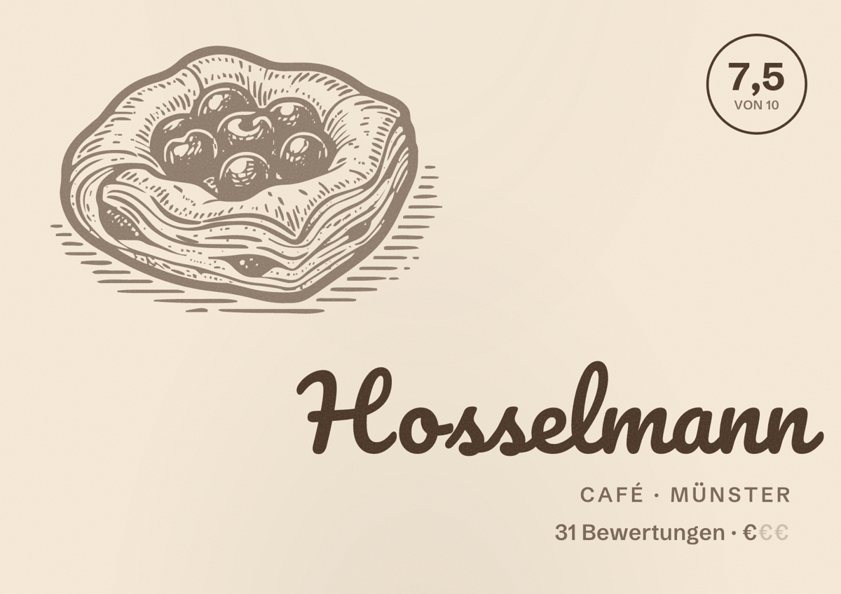 Illustriertes Poster von Hosselmann, Café in Münster: Bewertung 7,5 von 10 aus 31 Bewertungen, Preisniveau €