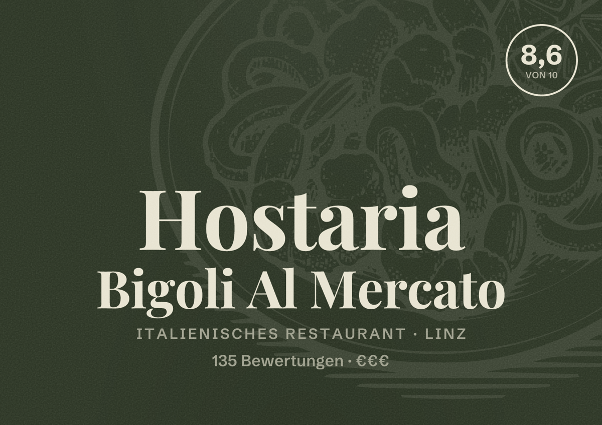 Illustriertes Poster von Hostaria Bigoli Al Mercato, Italienisches Restaurant in Linz: Bewertung 8,6 von 10 aus 135 Bewertungen, Preisniveau €€€