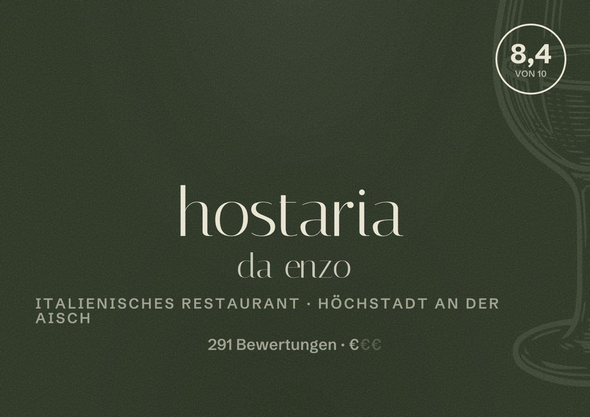 Illustriertes Poster von hostaria da enzo, Italienisches Restaurant in Höchstadt an der Aisch: Bewertung 8,4 von 10 aus 291 Bewertungen, Preisniveau €