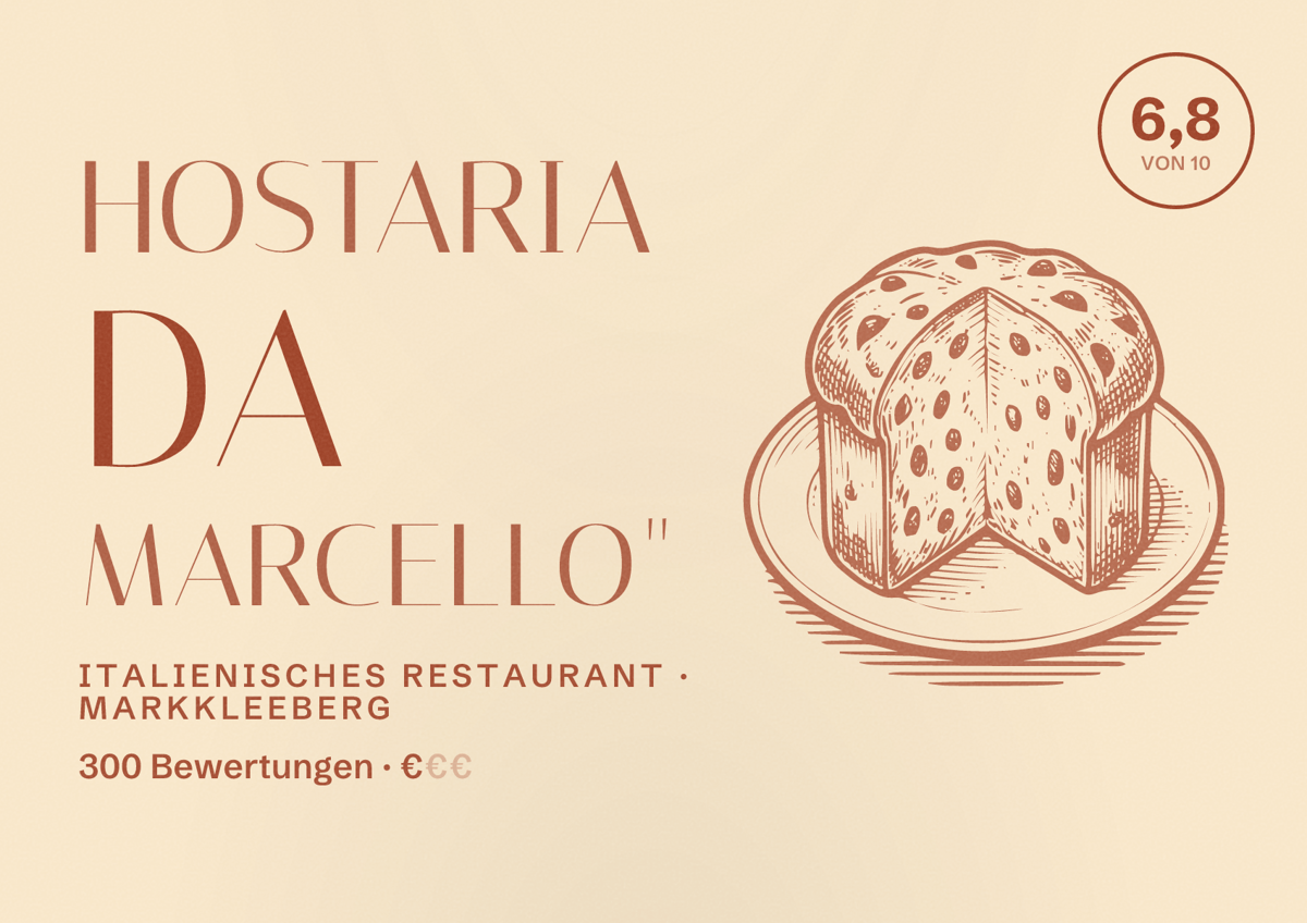 Illustriertes Poster von Hostaria da Marcello", Italienisches Restaurant in Markkleeberg: Bewertung 6,8 von 10 aus 300 Bewertungen, Preisniveau €