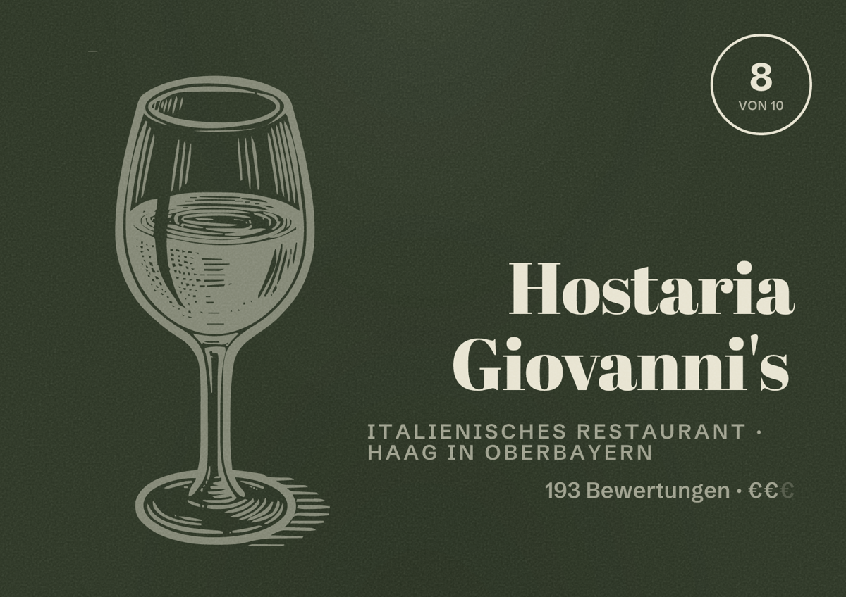 Illustriertes Poster von Hostaria Giovanni's, Italienisches Restaurant in Haag in Oberbayern: Bewertung 8 von 10 aus 193 Bewertungen, Preisniveau €€