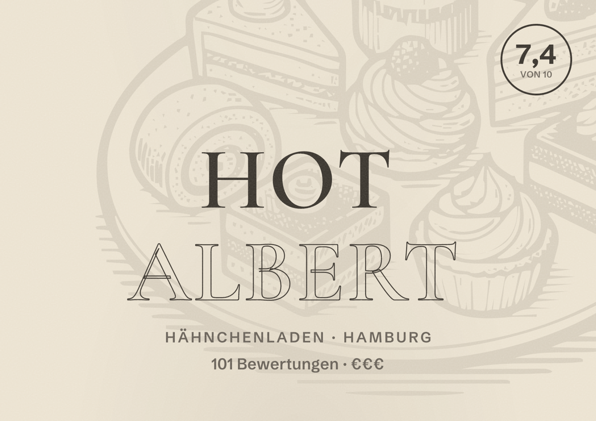 Illustriertes Poster von Hot Albert, Hähnchenladen in Hamburg: Bewertung 7,4 von 10 aus 101 Bewertungen, Preisniveau €€€