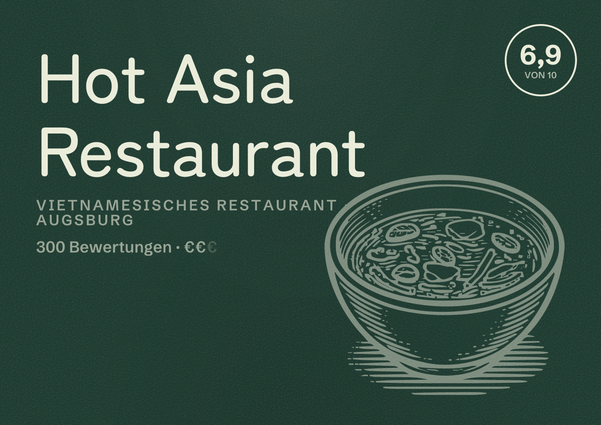 Illustriertes Poster von Hot Asia Restaurant, Vietnamesisches Restaurant in Augsburg: Bewertung 6,9 von 10 aus 300 Bewertungen, Preisniveau €€