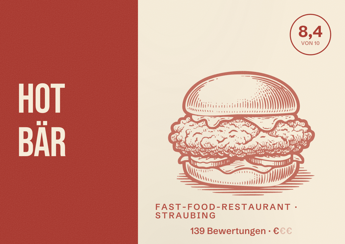 Illustriertes Poster von Hot Bär, Fast-Food-Restaurant in Straubing: Bewertung 8,4 von 10 aus 139 Bewertungen, Preisniveau €