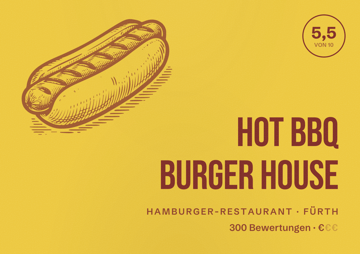 Illustriertes Poster von Hot BBQ Burger House, Hamburger-Restaurant in Fürth: Bewertung 5,5 von 10 aus 300 Bewertungen, Preisniveau €