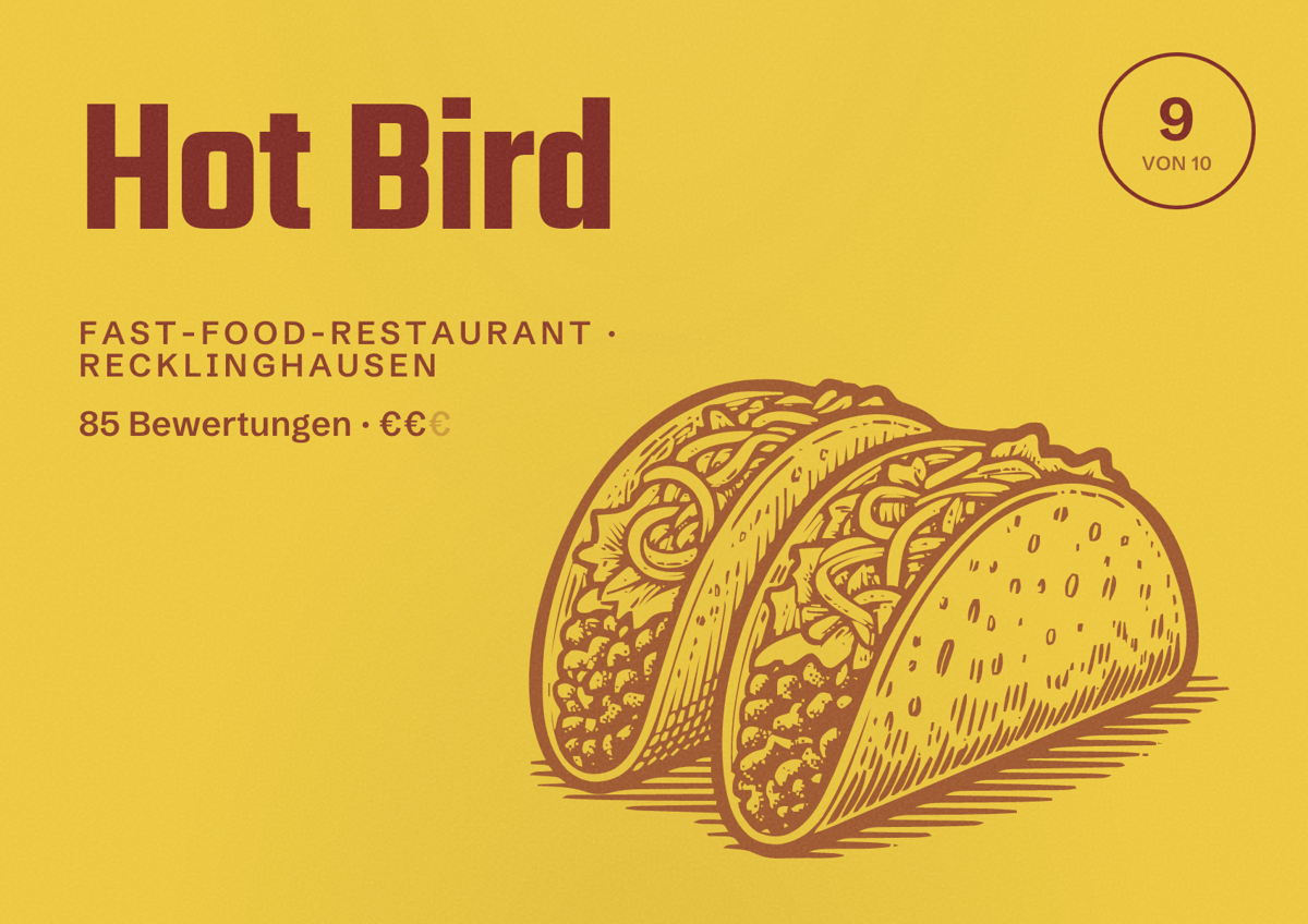 Illustriertes Poster von Hot Bird, Fast-Food-Restaurant in Recklinghausen: Bewertung 9 von 10 aus 85 Bewertungen, Preisniveau €€